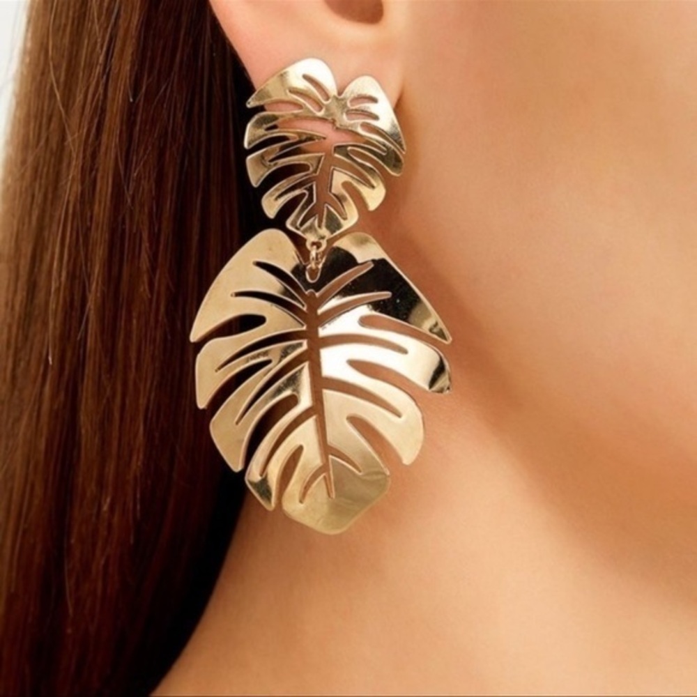 Gold Monstera Leaf Drop Statement Earrings
